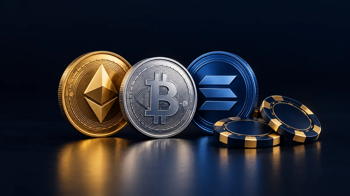 Gold, silver and blue cryptocurrency coins beside navy casino chips