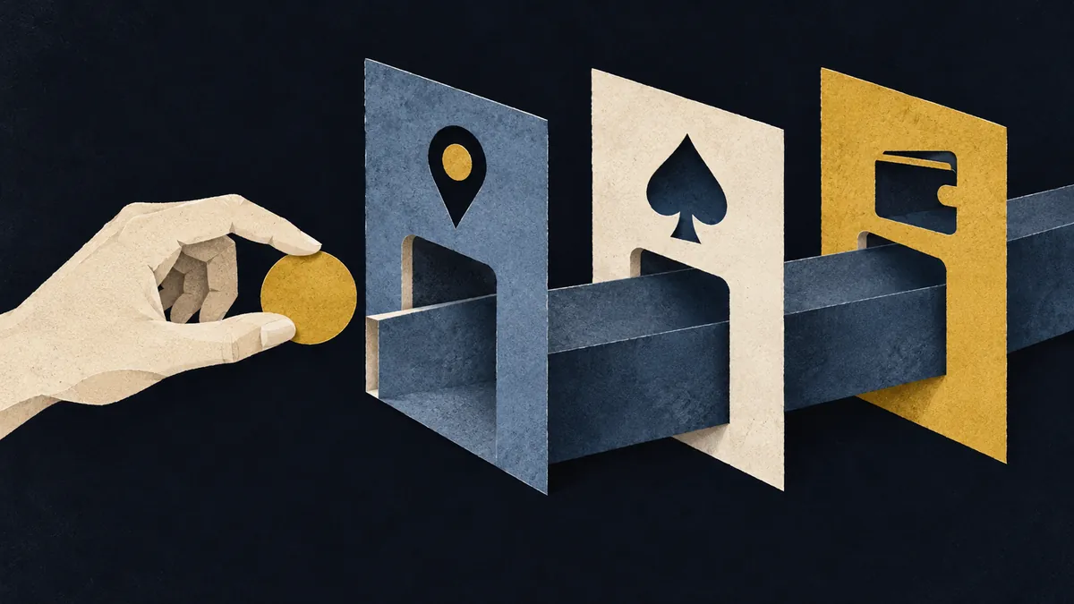 A paper hand pauses with a token before separate location, gambling and payment checkpoints