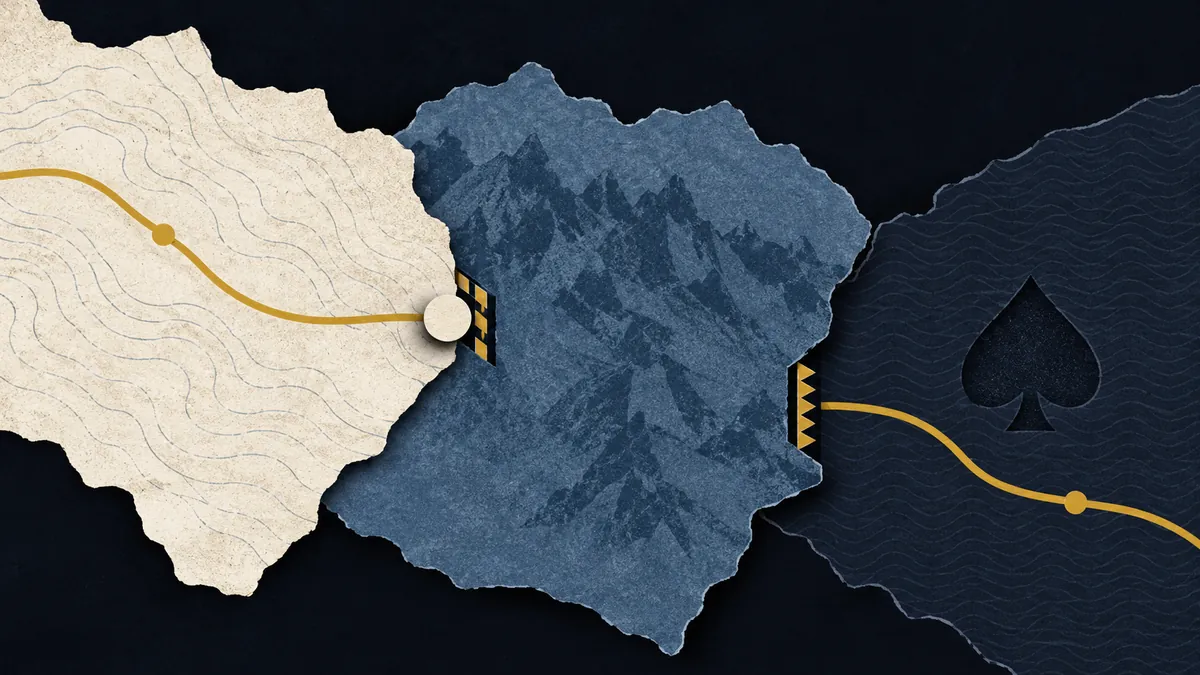 A paper route interrupted by boundaries between three abstract territories