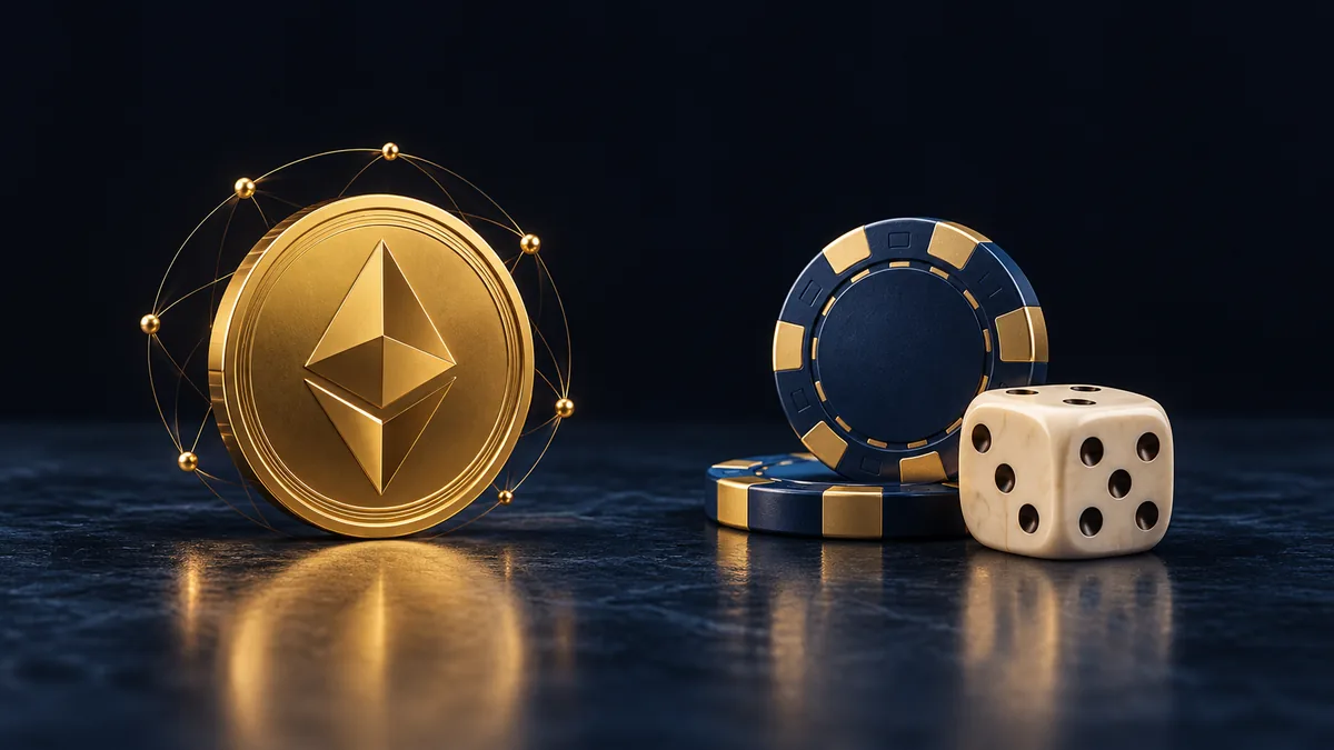 A gold cryptocurrency coin opposite navy casino chips and an ivory die
