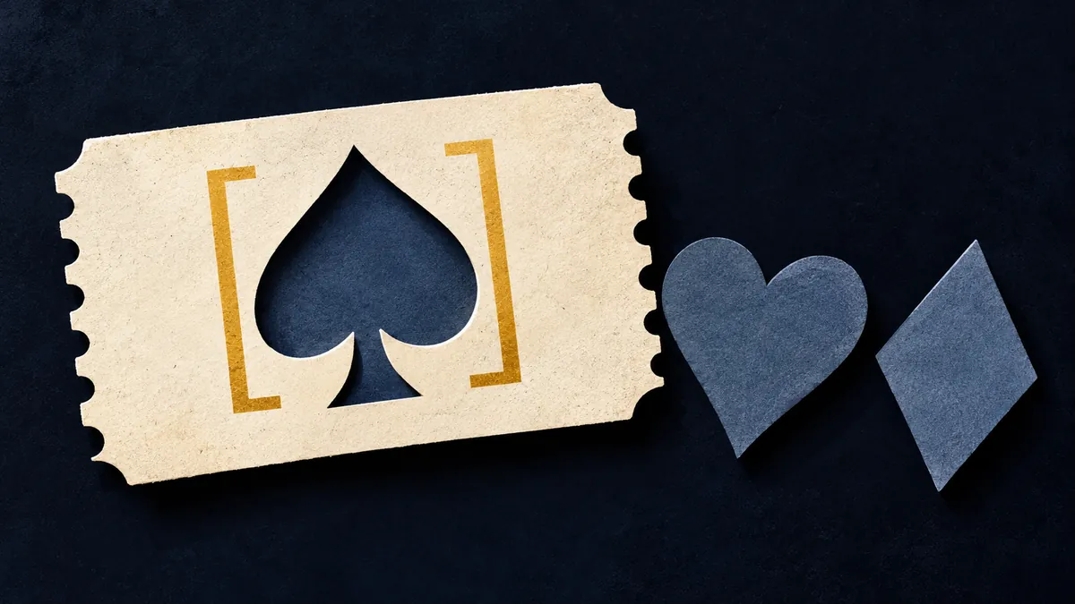 A paper ticket with a spade-shaped opening beside unmatched heart and diamond shapes