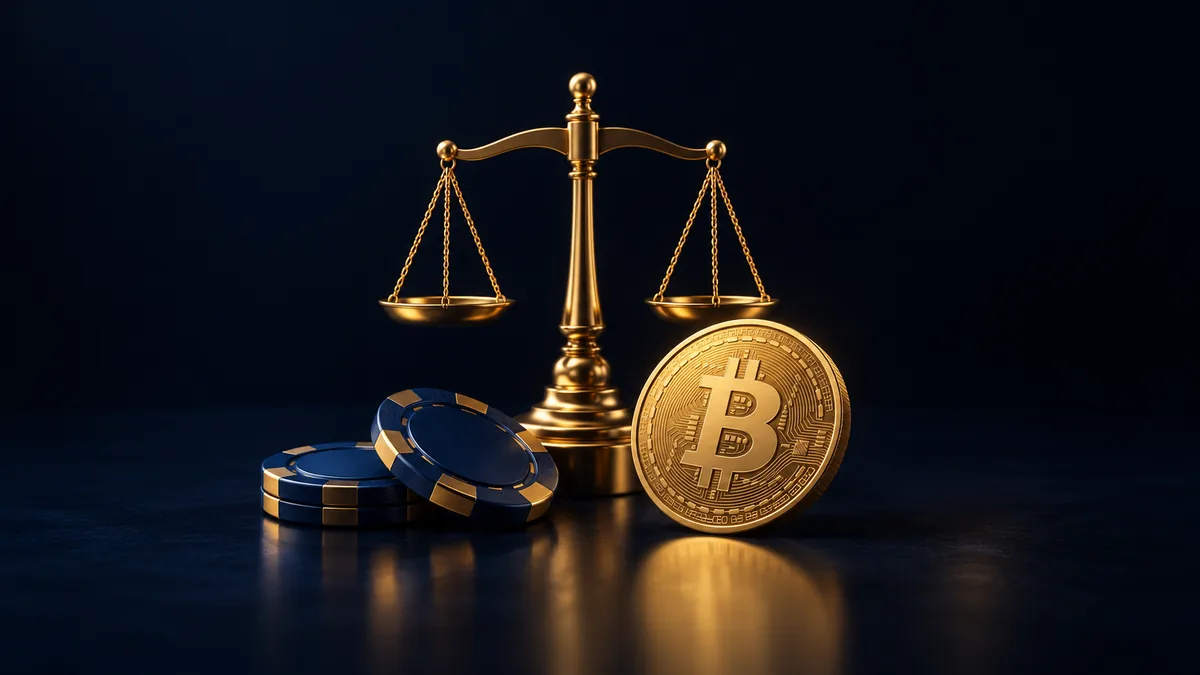 Gold balance scales beside a Bitcoin coin and navy casino chips