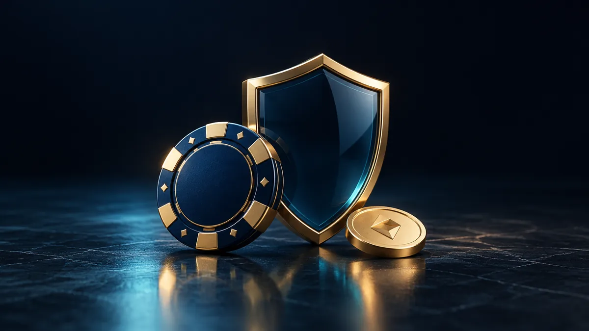 A navy casino chip beside a blue glass privacy shield and a gold coin