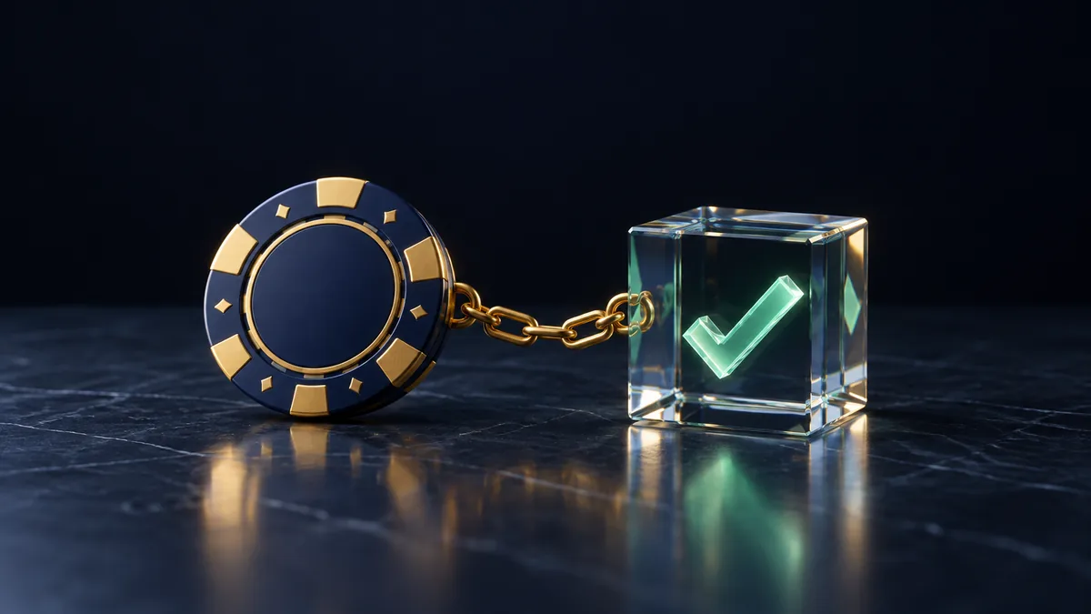 Ficha de casino azul marino enlazada a un cubo de cristal con una palomita verde de verificación