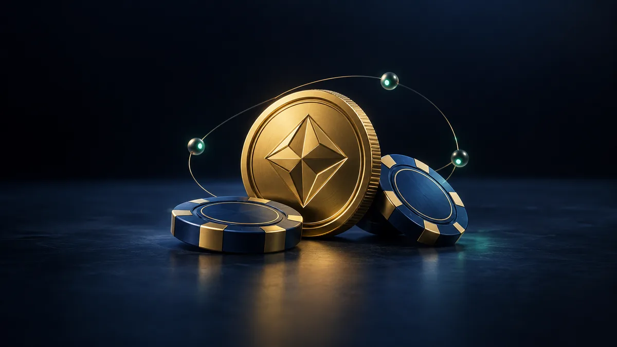 Blue casino chips and a gold cryptocurrency coin on a dark background